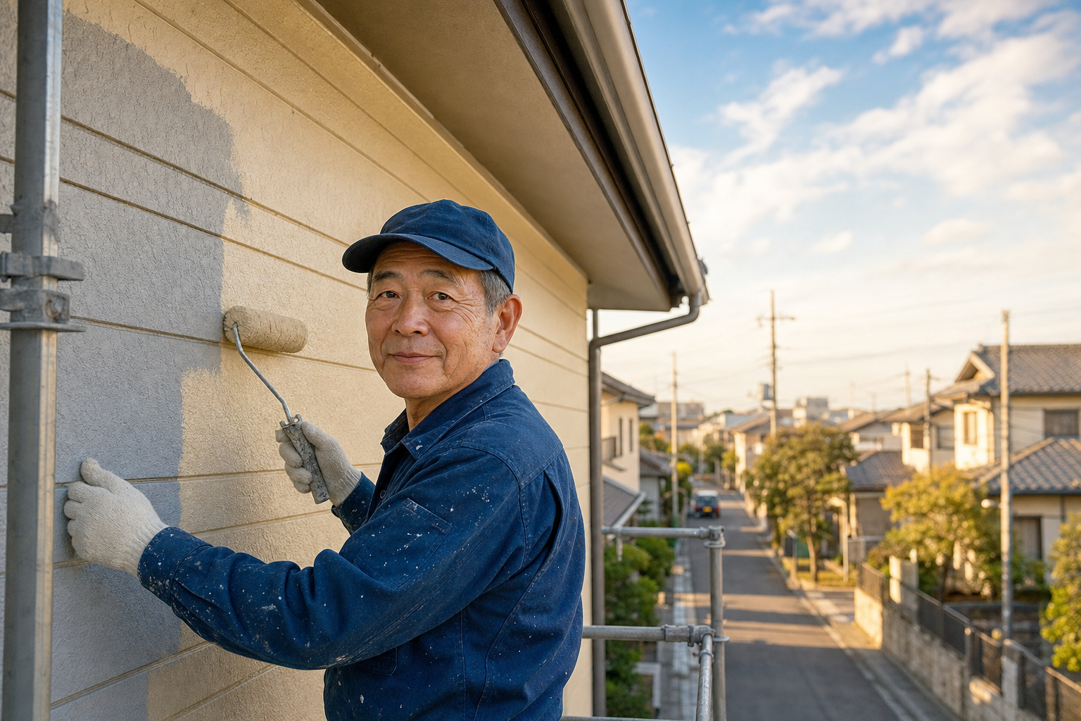 小河塗装の職人が所沢市の戸建住宅で外壁塗装を行っている様子